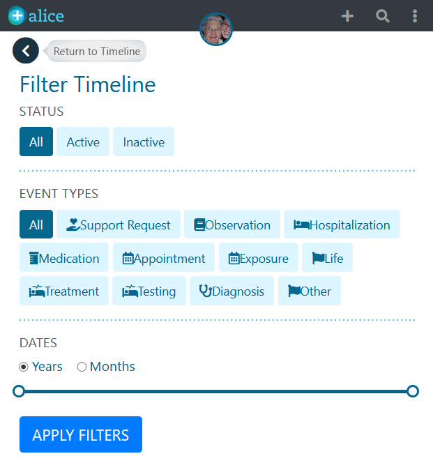 Screen to filter the timeline of a patient