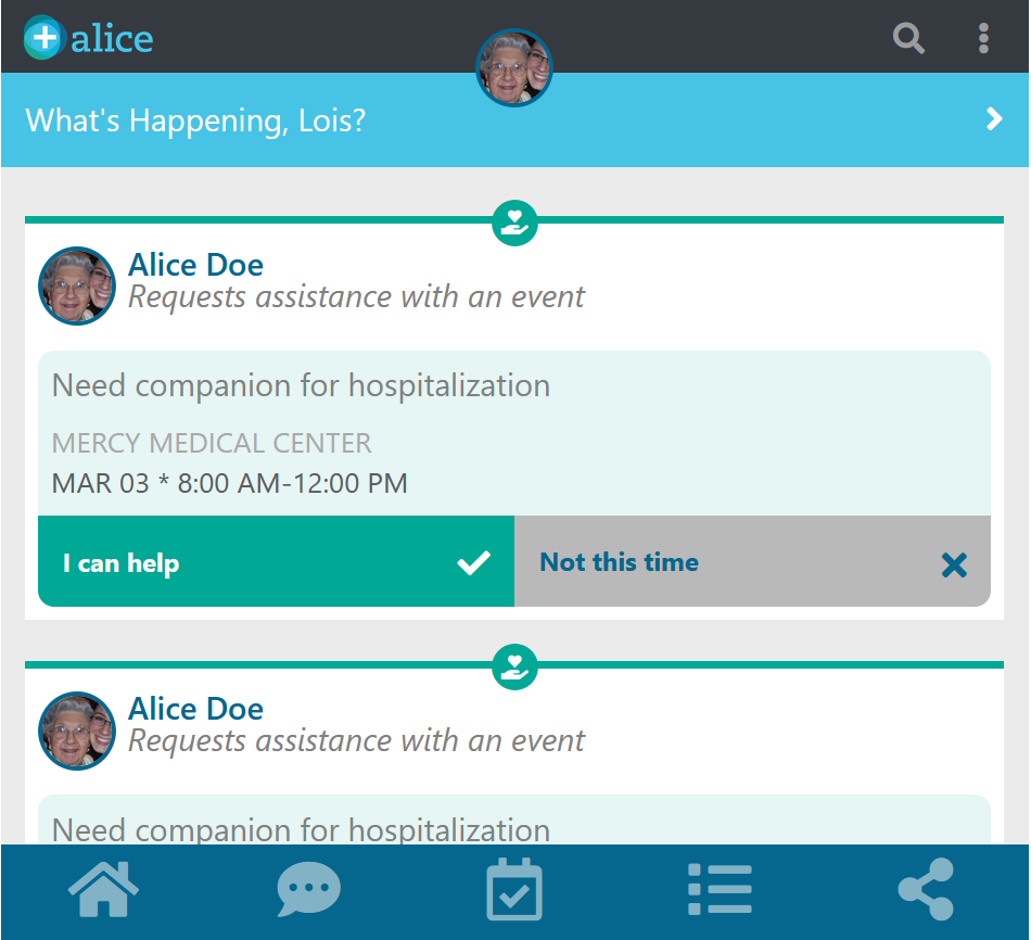 Screenshot of the feed for ALICE application